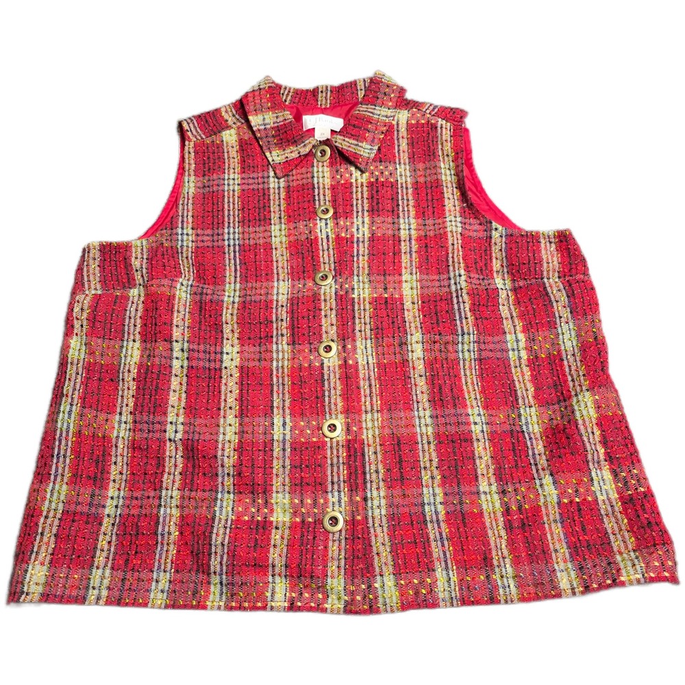 CJ Banks Plaid Tweed Button Front Vest Women's Size 2X Red Metallic Gold Accents